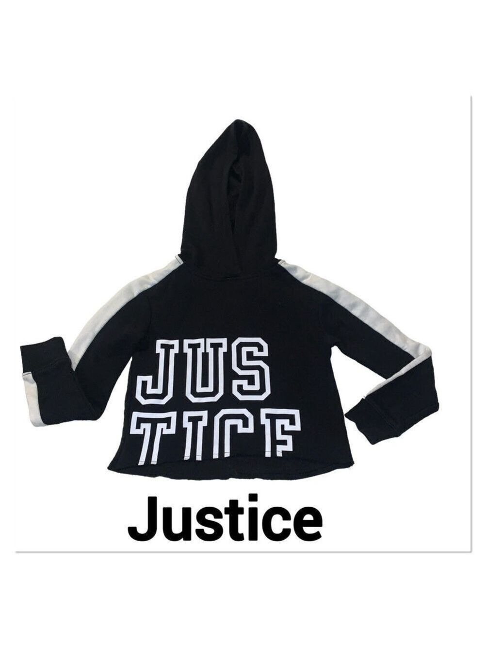 JUSTICE Black & White Logo Cropped Hoodie size 7